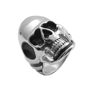 Gothic punk polished stainless steel skull ring with high-detail metallic finish