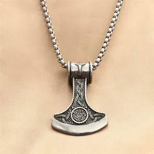 Retro Viking Mjolnir pendant with Kolovrat sun symbol on premium box chain