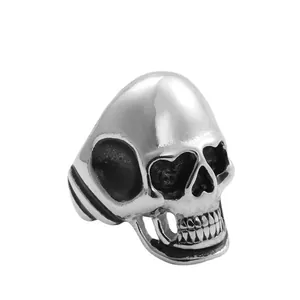 Vintage punk skull ring in polished stainless steel with retro gothic style for men