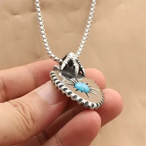 Punk eagle claw shield pendant with turquoise stone on bead chain for men
