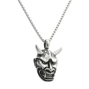 Punk style Hannya mask pendant in vintage stainless steel with box chain for men