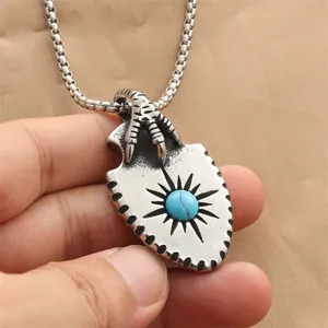Vintage stainless steel eagle claw shield pendant necklace with round blue turquoise stone