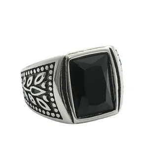 Vintage stainless steel ring with rectangle black stone and side leaf engravings