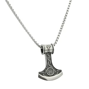 Vintage Mjölnir pendant necklace with Slavic Kolovrat symbol on a box chain