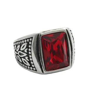 Retro stainless steel ring for men featuring a large rectangular red gemstone inlay