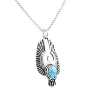 Vintage eagle pendant in silver stainless steel with oval turquoise stone on box chain