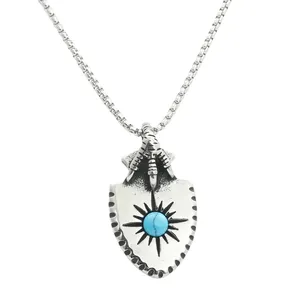 Vintage punk eagle claw shield pendant with turquoise stone on stainless steel chain