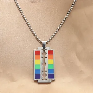 Punk Stainless Steel Rainbow Razor Blade Pendant Necklace For Men Women Pride Jewelry Individual Vintage Hip Hop Striped Blade Necklaces