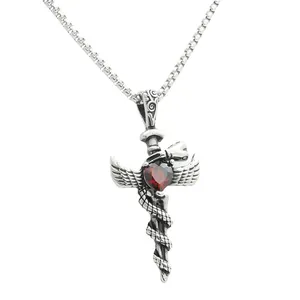 Gothic sword necklace with silver wings, red heart gemstone, and intricate snake details