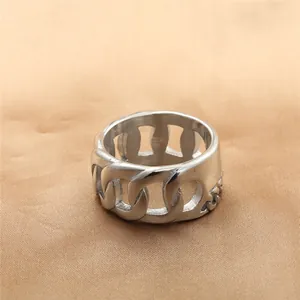 Retro Punk Stainless Steel Chain Ring For Men Wide Cuban Link Hollow Out Silver Finger Ring Industrial Streetwear Jewelry Gift