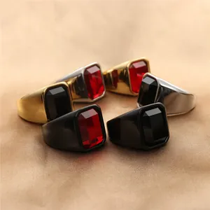 Vintage Roestvrijstalen Heren Zegelring Met Rechthoekige Rode Zwarte Edelsteen Punk Gepolijste Biker Ring Sieraden Voor Mannen 280692