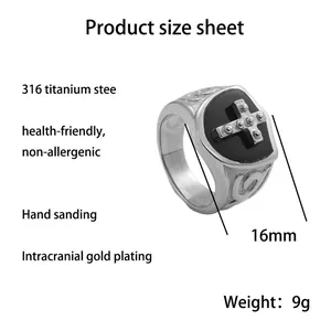 Men's retro punk titanium steel cross ring with black enamel shield and rivet details