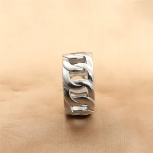 Polished silver stainless steel Cuban link chain ring for men with vintage punk style