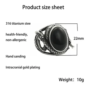 Retro punk snake ring for men in 316 stainless steel with a large oval black stone inlay