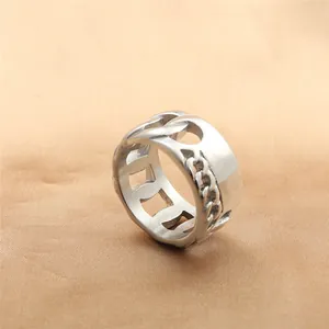 Men's vintage titanium steel wide chain ring with a polished punk industrial design