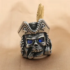 Retro Punk Pirate Skull Ring For Men 316 Stainless Steel Blue Zirconia Eye Gold Feather Gothic Biker Finger Jewelry Gift