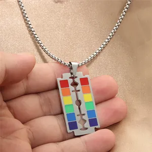 Rainbow striped stainless steel razor blade pendant necklace with polished square link chain