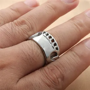 Men's wide stainless steel chain ring with industrial hollow cutouts in silver finish