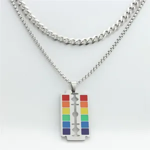 Close-up of double-layered stainless steel necklace with rainbow stripe razor blade pendant