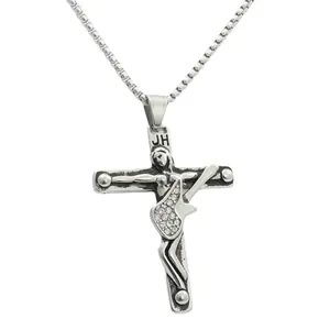 Collier avec pendentif guitare en croix en acier inoxydable punk et strass incrustés