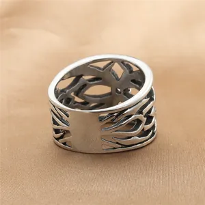 Retro punk hollow out wide band stainless steel ring with vintage silver finish for men