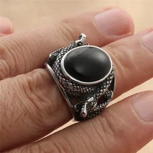 Retro punk snake ring for men with black stone and dragon scale engraved stainless steel