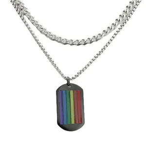 Collana a doppio strato in acciaio inox con ciondolo a piastrina nera arcobaleno LGBTQ+