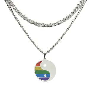 Collier double couche en acier inoxydable avec pendentif Yin Yang arc-en-ciel unisexe
