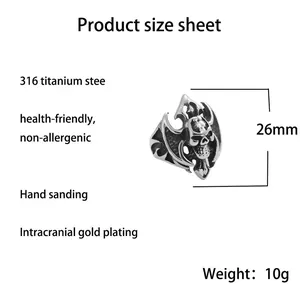 Size chart for punk skull ring in 316 titanium steel showing 26mm height and 10g weight