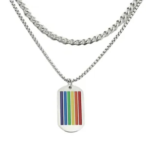 Collana a doppio strato in acciaio inossidabile con ciondolo rettangolare a righe arcobaleno