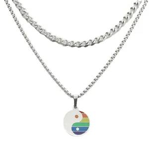 Collier double couche en acier inoxydable style punk avec pendentif yin yang arc-en-ciel