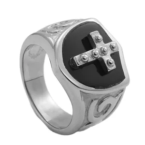 Vintage punk stainless steel cross ring with black shield inlay and engraved sides