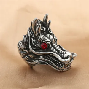 Detailed view of punk dragon ring with intricate scales and red gemstone eyes