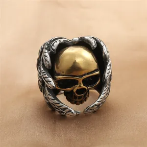 Vintage 316 Titanium Staal Schedel Ring Voor Heren Tweekleurig Goud Zilver Verenvleugels Gotisch Punk Distressed Biker Vingerring Sieraden