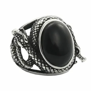 Punk vintage snake ring with large black oval stone in polished stainless steel
