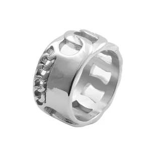 Retro punk style stainless steel wide chain ring for men and women in silver finish