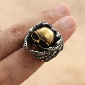 Retro punk titanium stalen schedel ring met zilveren adelaarsvleugels heren