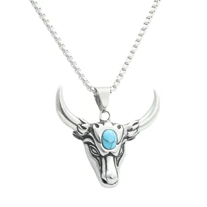 Pendentif tête de taureau rétro en acier avec pierre turquoise et chaîne box