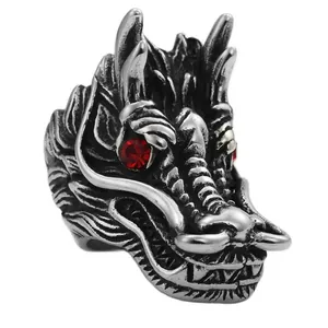 Vintage stainless steel dragon ring with red rhinestone eyes and punk silver finish