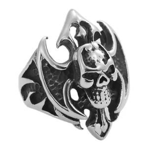 Gothic punk skull ring with bat wing design in vintage polished stainless steel