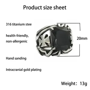 Titanium stalen ring met zwarte edelsteen en kruispatroon inclusief de maattabel