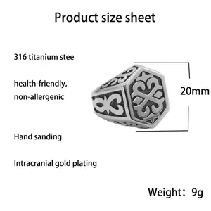 Vintage punk hex flower stainless steel totem ring with hollow Celtic knot design