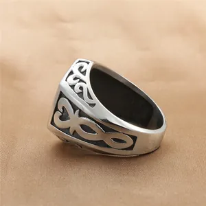 Vintage stainless steel hexagonal totem ring with antique silver finish for men