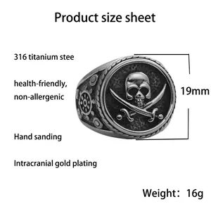 Vintage pirate ship rudder skull ring made of durable 316L stainless steel for men