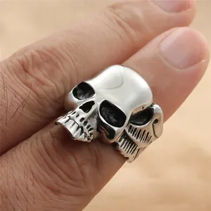 Punk style stainless steel skull ring with wing relief for men in silver finish