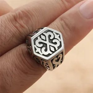 Retro stainless steel hexagonal signet ring with engraved totem pattern for men