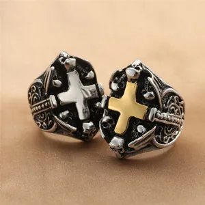 Anillo de Acero Inoxidable Gótico Vintage con Cruz y Calavera para Hombre Acero de Titanio 316 Biker Pulido Joyería Regalo