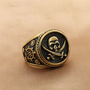 Macro shot of vintage gold steel pirate ring featuring a skull and helm side detail