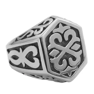 Retro stainless steel hexagonal ring for men featuring embossed knot patterns and a punk style