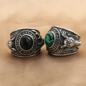 Men's Retro 316 Stainless Steel Ring University Academic Style With Black Green Stone Vintage Animal Relief Punk Jewelry